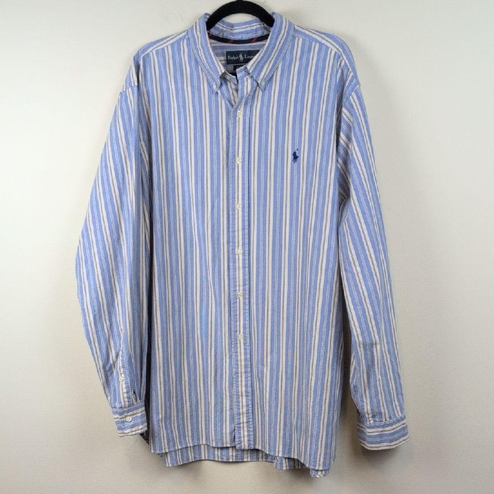 Ralph Lauren Classic Fit Button Down Long Sleeve Blue Striped Men's Shirt Preppy